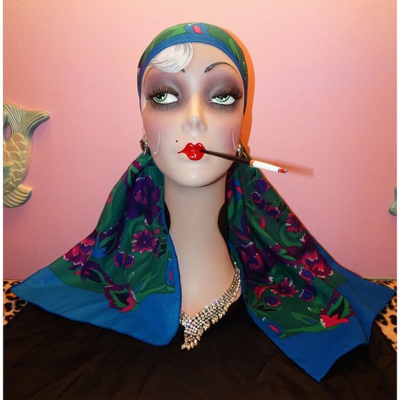 Vintage Purple & Blue Floral Scarf pinup retro rockabilly head wrap bow neck - Picture 8 of 10